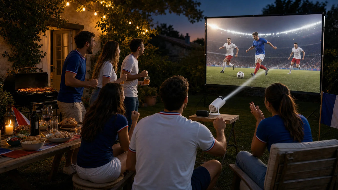 Écran de projection pliable installé pour une soirée match