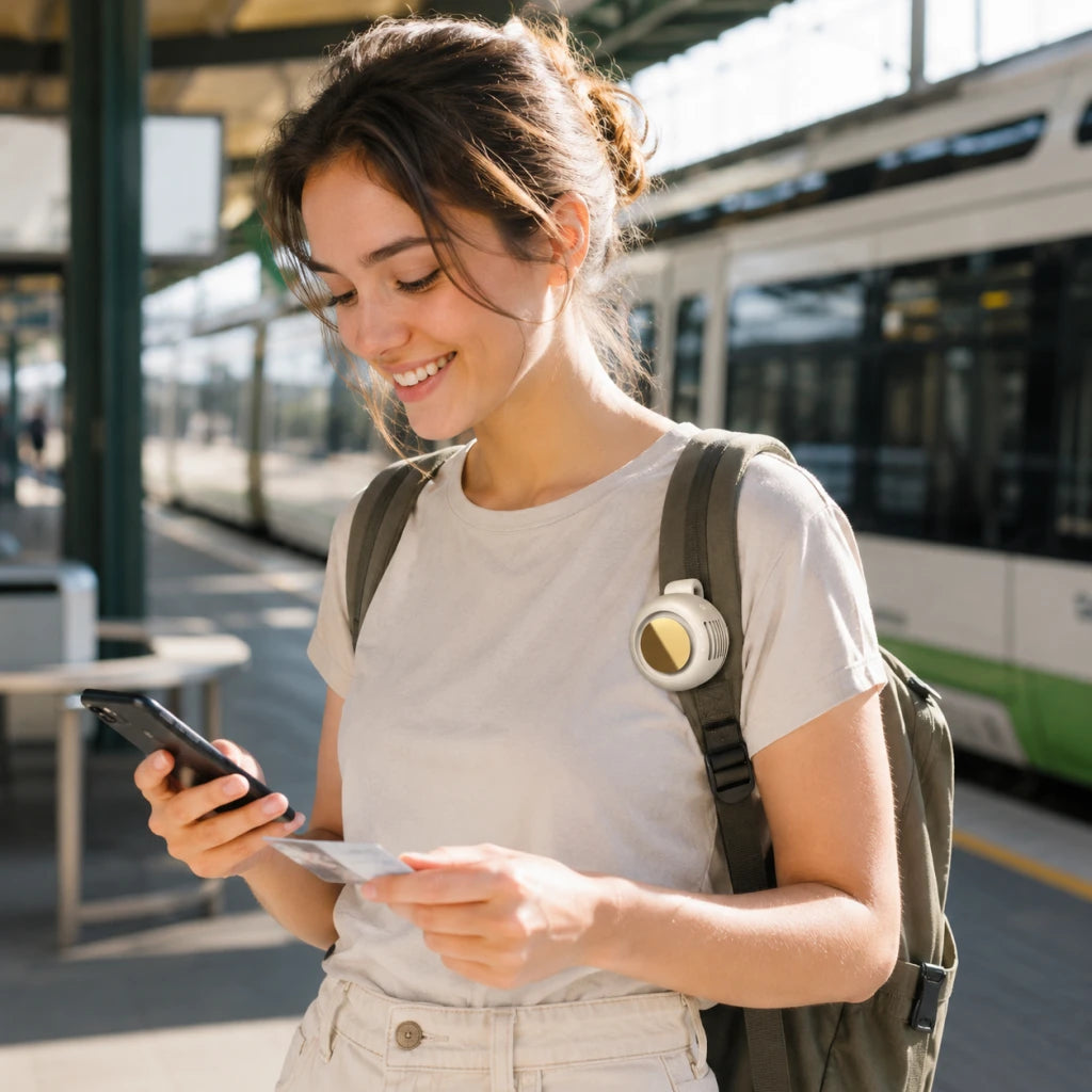 Client utilisant AeroClip en transport avec un sac à dos