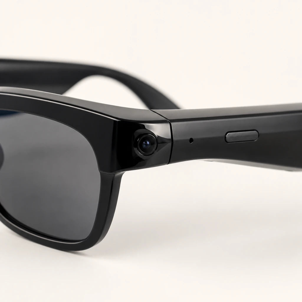 Détail caméra, micro et branche tactile des lunettes NordaLens