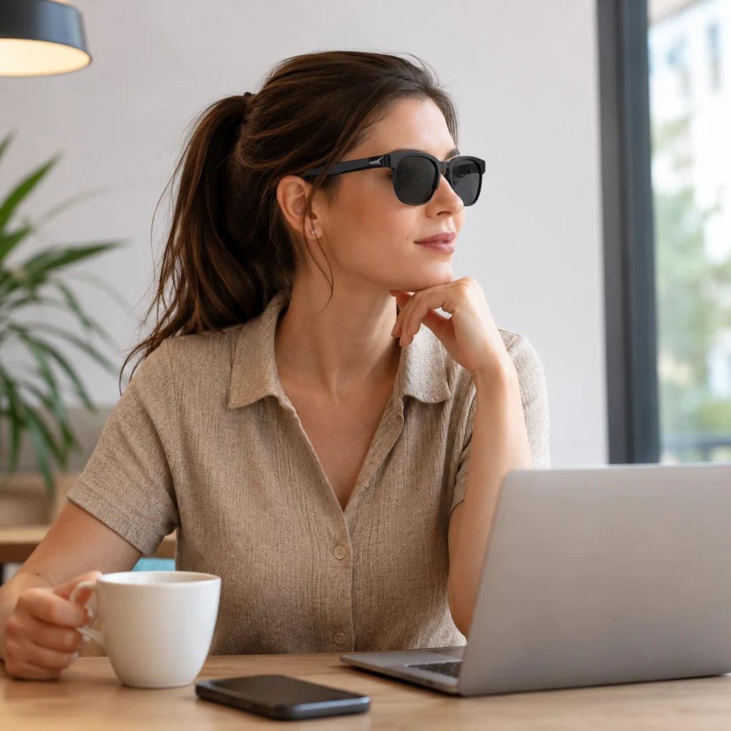 Cliente portant NordaLens dans un café avec ordinateur